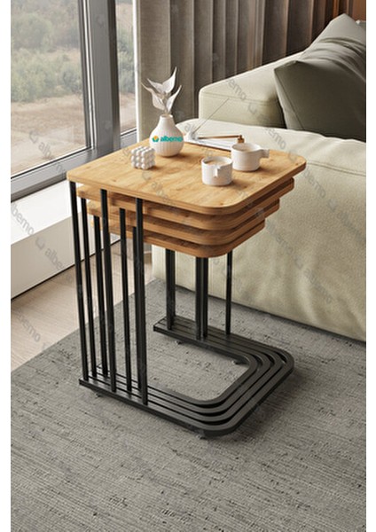 Orkide Tekerlekli 4'lü Zigon Sehpa Modern MDF Malzeme ile Siyah ve Ceviz Renk