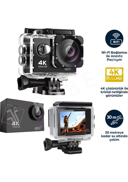 4K Ultra Hd Wi-Fi Aksiyon Kamera – 170° Geniş Açı Zengin Aksesuar Destekli 4K 30FPS 16 Mp Aksiyon Kamerası