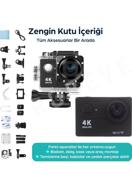 4K Ultra Hd Wi-Fi Aksiyon Kamera – 170° Geniş Açı Zengin Aksesuar Destekli 4K 30FPS 16 Mp Aksiyon Kamerası