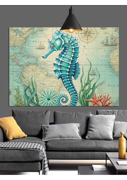 Soyut Denizatı Figürü ve Dünya Haritası Dekoratif Kanvas - Mdf Ahşap Tablo
