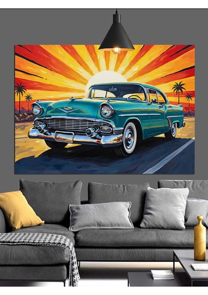 Mavi Klasik Araba Retro Dekoratif Kanvas - Mdf Ahşap Tablo