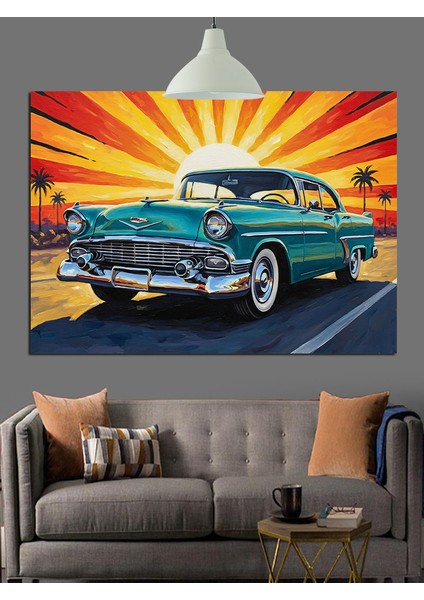 Mavi Klasik Araba Retro Dekoratif Kanvas - Mdf Ahşap Tablo fiyatları