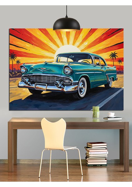 Mavi Klasik Araba Retro Dekoratif Kanvas - Mdf Ahşap Tablo modelleri