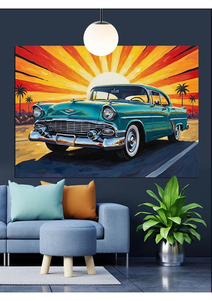 Mavi Klasik Araba Retro Dekoratif Kanvas - Mdf Ahşap Tablo fırsatları