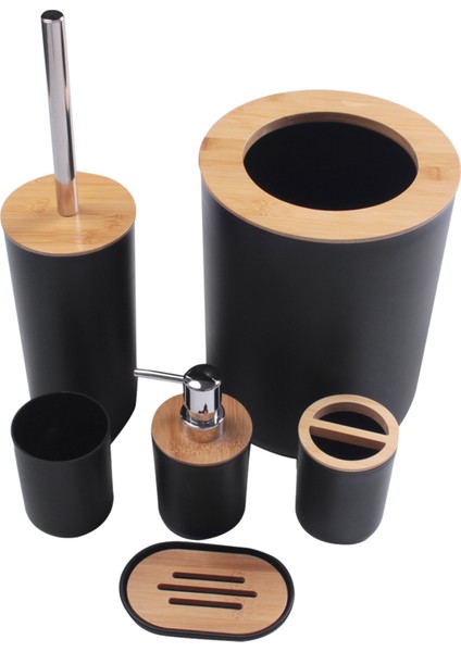 6 Parçalı Bambu Banyo Aksesuarı Seti Losyon Dağıtıcı ile Çevre Dostu Tuvalet Aksesuar Seti Vb Siyah (Yurt Dışından)