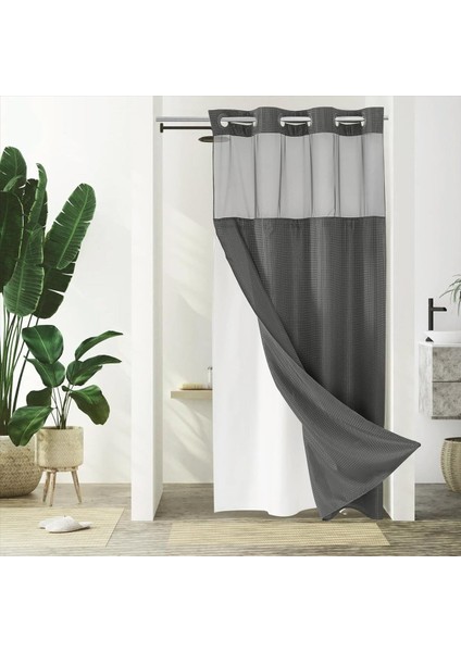 Banyo Için Snap-In Kumaş Astar Seti ile Kanca Waffle-Not Duş Perdesi Örgü Üst Pencereli Otel Tarzı B (Yurt Dışından) fiyatları