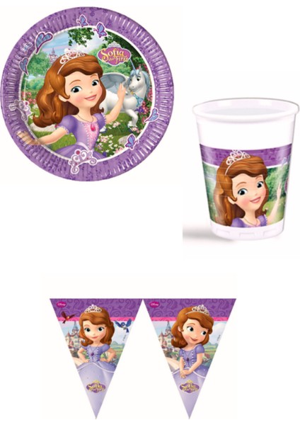 Doğum Günü Partisi Sofia Bardak Tabak ve Flama Seti