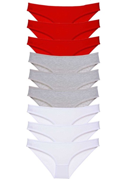 9 Adet Süper Eko Set Likralı Kadın Slip Külot Kırmızı Gri Beyaz