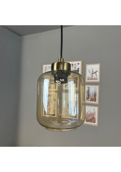 Diona Cam Bal Rengi Tekli Avize Küçük Plafonyer Başlık Retro Sarkıt Lamba Salon Aydınlatma