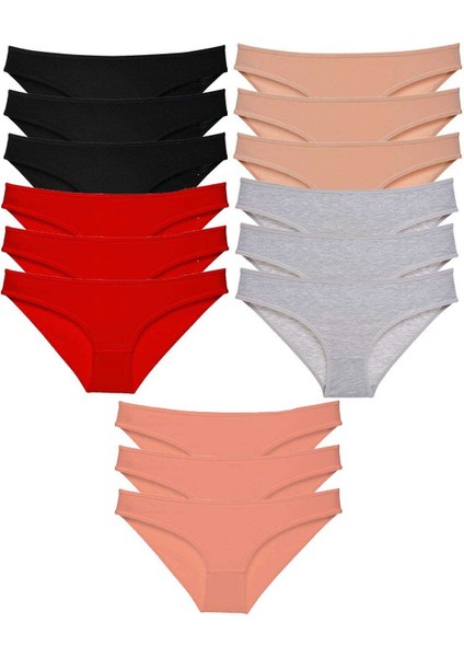 15 Adet Süper Eko Set Likralı Kadın Slip Külot Siyah Kırmızı Ten Gri Pudra
