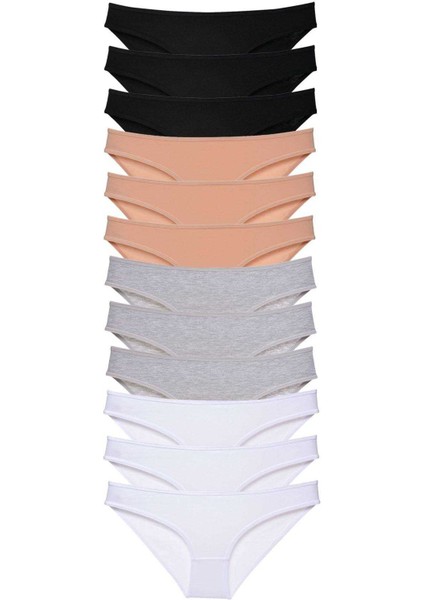 12 Adet Süper Eko Set Likralı Kadın Slip Külot Siyah Ten Gri Beyaz