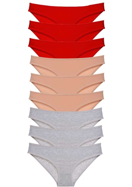 9 Adet Süper Eko Set Likralı Kadın Slip Külot Kırmızı Ten Gri