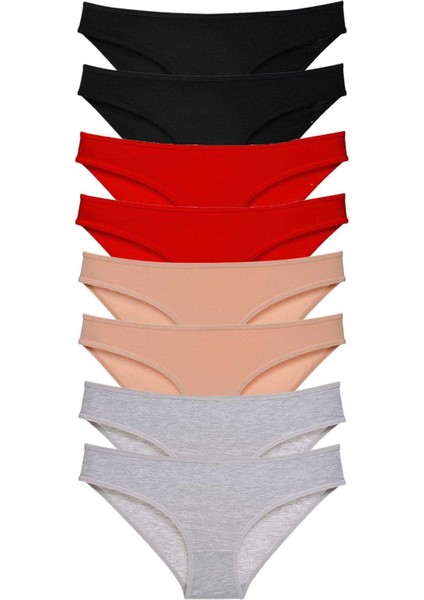 8 Adet Süper Eko Set Likralı Kadın Slip Külot Siyah Kırmızı Ten Gri