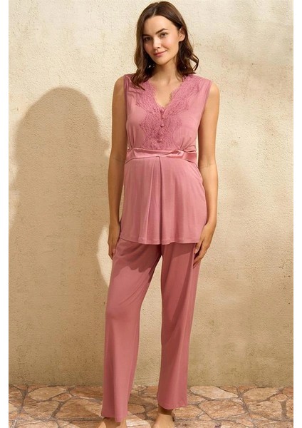 Sıfır Kol V Yaka Kadın Viskon Düz Yazlık Uzun Dantel Detaylı Hamile Pijama Takımı Sabahlık fiyatları