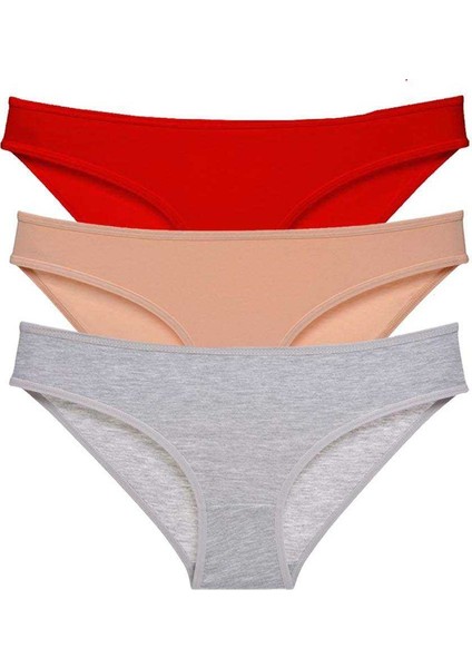 3 Adet Eko Set Likralı Kadın Slip Külot Kırmızı Ten Gri