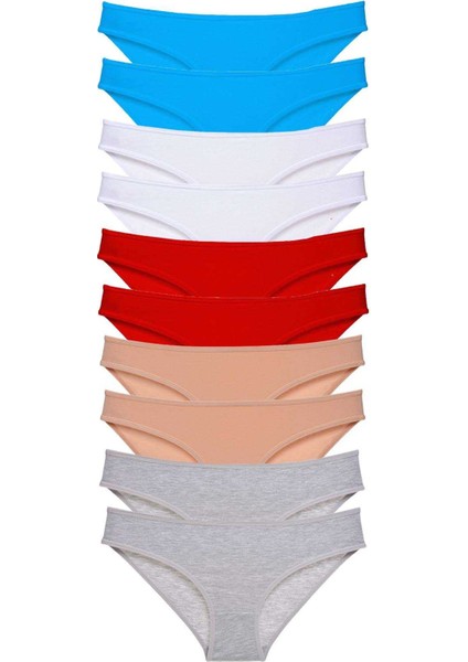 10 Adet Süper Eko Set Likralı Kadın Slip Kırmızı Ten Gri Beyaz Mavi