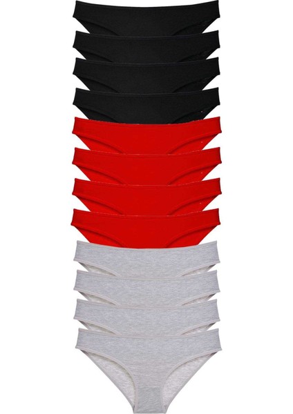 12 Adet Süper Eko Set Likralı Kadın Slip Külot Siyah Kırmızı Gri