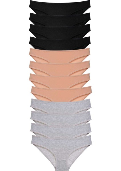 12 Adet Süper Eko Set Likralı Kadın Slip Külot Siyah Ten Gri