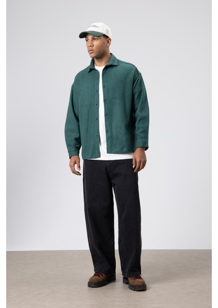 Dokulu Oversize Gömlek Ceket Haki