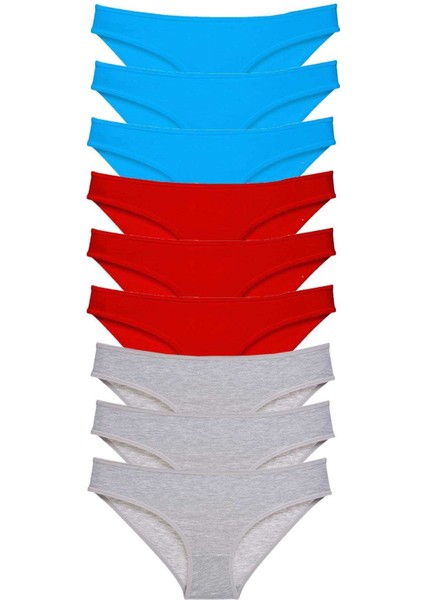 9 Adet Süper Eko Set Likralı Kadın Slip Külot Kırmızı Gri Mavi