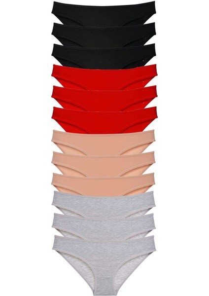 12 Adet Süper Eko Set Likralı Kadın Slip Külot Siyah Kırmızı Ten Gri