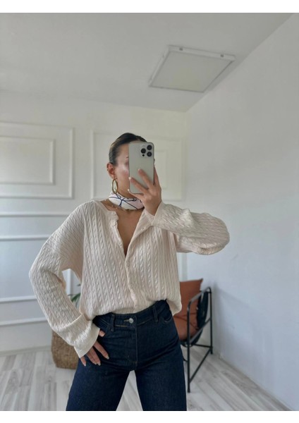 Kadın Saç Örgülü Hırka Krem