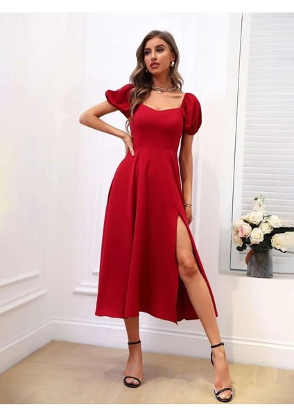 Kadın Kısa Kollu Kare Yakalı Yırtmaçlı Midi Janjan Krep Elbise