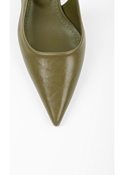Kadın Stiletto Yağ Yeşili Suni Deri İnce Topuklu Tasarım Jurdan Taban