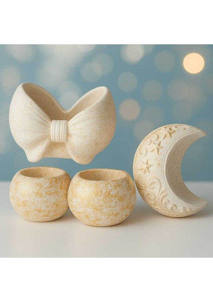 4'lü El Yapımı Dekoratif Saksı Seti - Handmade Taş Tozu Yaldızlı Mumluk Kalemlik Sukulent Seti Vazo