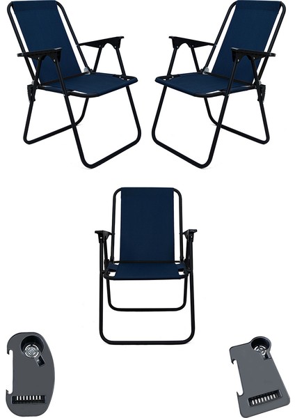 Litea 3 Adet Kamp Sandalyesi Katlanır Piknik Sandalye ve Bardaklık Lacivert