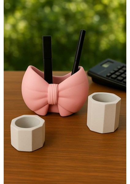 3'lü El Yapımı Dekoratif Saksı Handmade Taş Tozu Fiyonk Tasarım Mumluk Kalemlik Sukulent Obje 8cm fiyatları