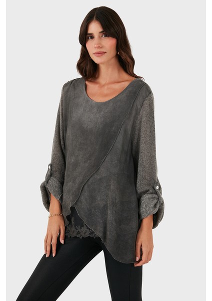 Via Dante Oversize Fit Dantel Detaylı Yuvarlak Yaka Bluz Bayan Bluz 690870