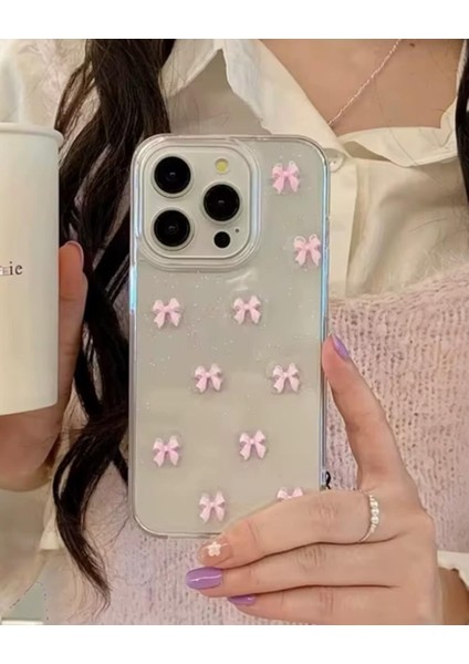Iphone Uyumlu Şeffaf Simli Pembe Fiyonklu Kılıf