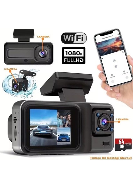 Üç Kameralı Ön Iç Arka Araç Içi Kamera Wifi Viidure App Mpıa CC38 64GB fiyatları