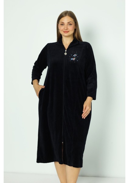 Lacivert Boydan Fermuarlı Pamuklu Kadife Truvakar Kollu Kadife Elbise