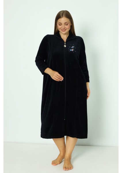 Lacivert Boydan Fermuarlı Pamuklu Kadife Truvakar Kollu Kadife Elbise modelleri