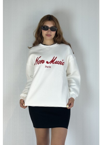 Kadın Bisiklet Yaka Nakış Baskılı Uzun Kollu Oversize Sweatshirt