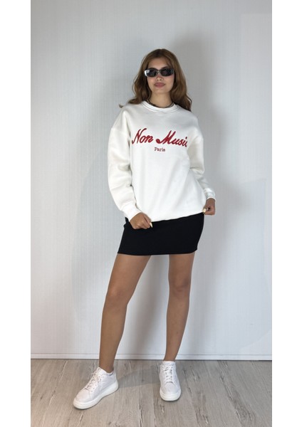 Kadın Bisiklet Yaka Nakış Baskılı Uzun Kollu Oversize Sweatshirt indirimleri
