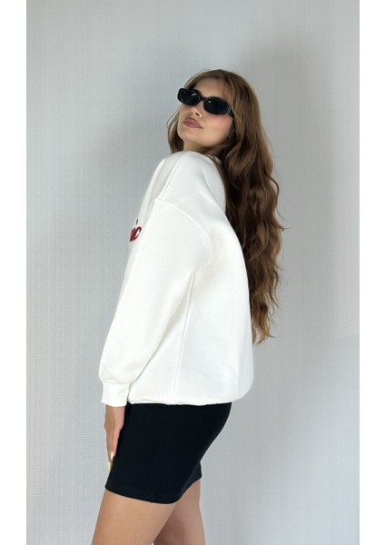 Kadın Bisiklet Yaka Nakış Baskılı Uzun Kollu Oversize Sweatshirt