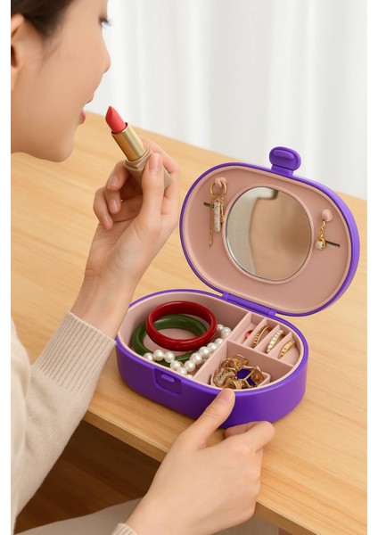 Aynalı Taşınabilir Takı Kutusu | Kadın Makyaj&aksesuar Düzenleyici Mavi Krem Kurdele