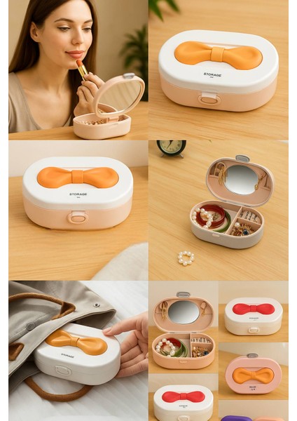 Aynalı Taşınabilir Takı Kutusu | Kadın Makyaj&aksesuar Düzenleyici Mavi Krem Kurdele modelleri