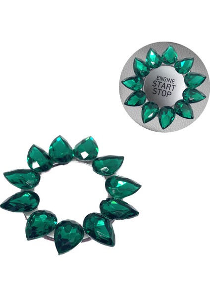 Kristal Damla Taşlı Start Stop Düğme Halkası Yeşil