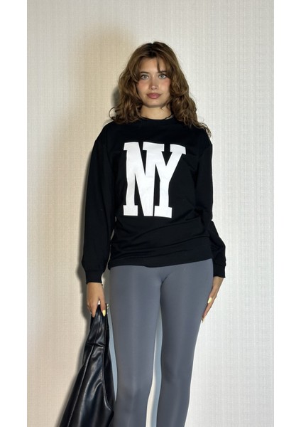 Kadın Bisiklet Yaka Baskılı Uzun Kollu Oversize Sweatshirt