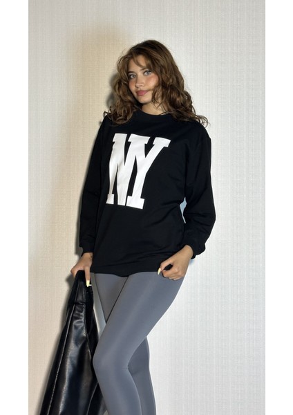 Kadın Bisiklet Yaka Baskılı Uzun Kollu Oversize Sweatshirt modelleri