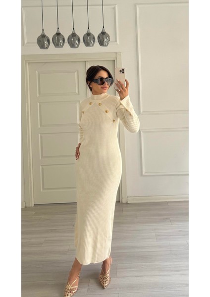 Ekru Gold Düğmeli Triko Elbise modelleri