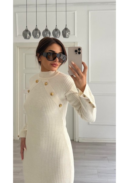 Ekru Gold Düğmeli Triko Elbise indirimleri