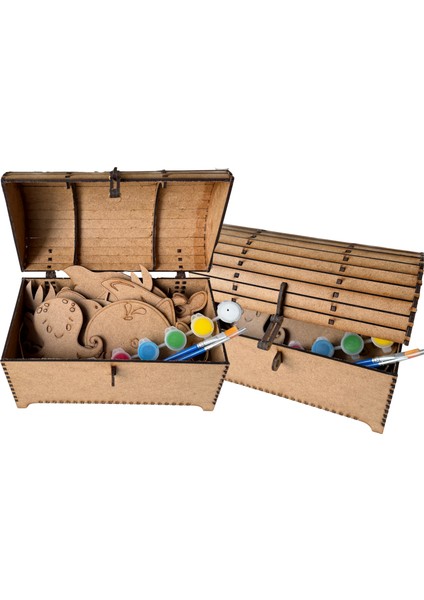Ahşap Sandık, Figürler, Akrilik Boya ve Fırçalar | Çocuk & Aile Aktivite, Eğitici Hobi Boyama Kutusu