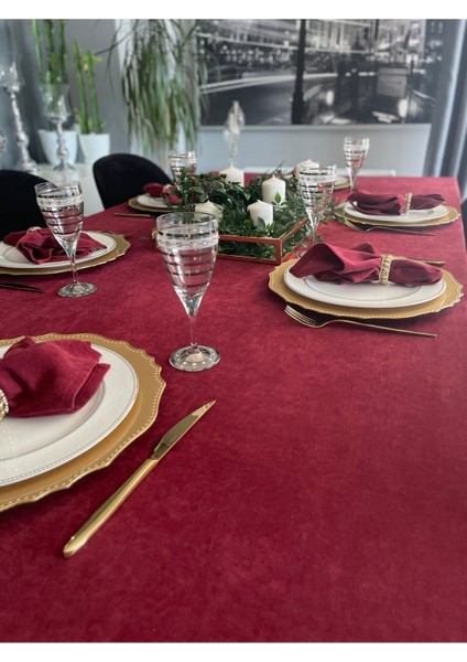 Kadife Dokulu Dertsiz Bordo Masa Örtüsü (Peçete Dahil Değil )
