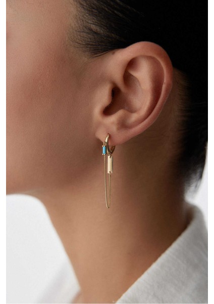 14 Ayar Altın Turkuaz Zincir Sallantılı Küpe