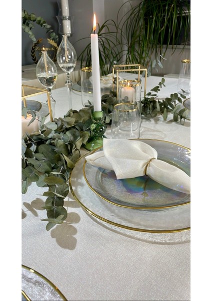 Keten Dokulu Sedefli Simli Beyaz Masa Örtüsü (Peçete Dahil Değil )